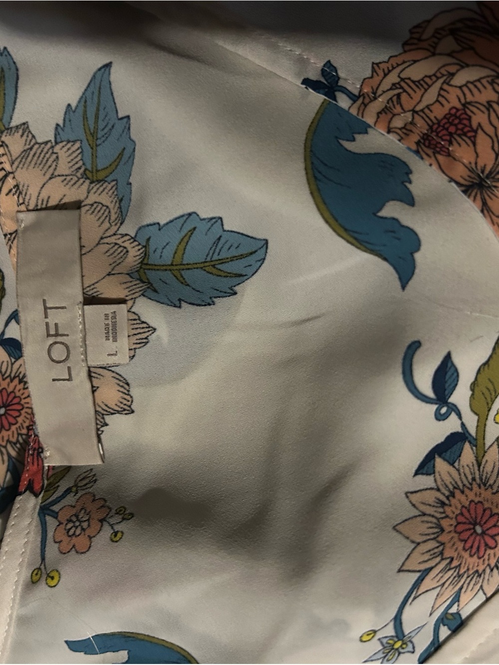 LOFT White Floral V-Neck Blouse with Blue and Peach Blooms